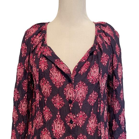 Lucky Brand Border Top Womens Small Purple Pink Paisley Boho Tie-Neck Blouse - Picture 3 of 10